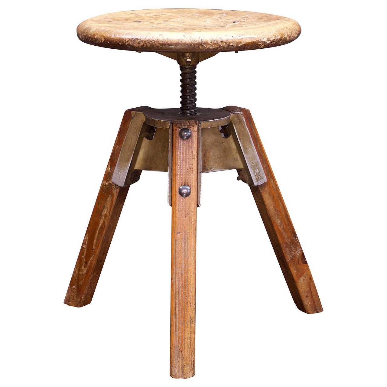 Antique Rustic Mid-Century French Industrial Artist Painter Swivel Stool