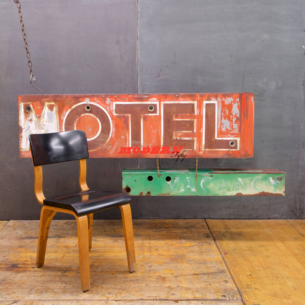 Both Neon signs have been cleaned and gutted. Shown for photo with Vacancy hanging from Motel Sign. However, these can be displayed any way you want, separated etc., or vacancy sign could be bolted directly to the underside of the Motel Sign. These