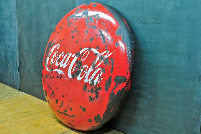 Monumental Salvaged Porcelain Coca Cola Button Sign