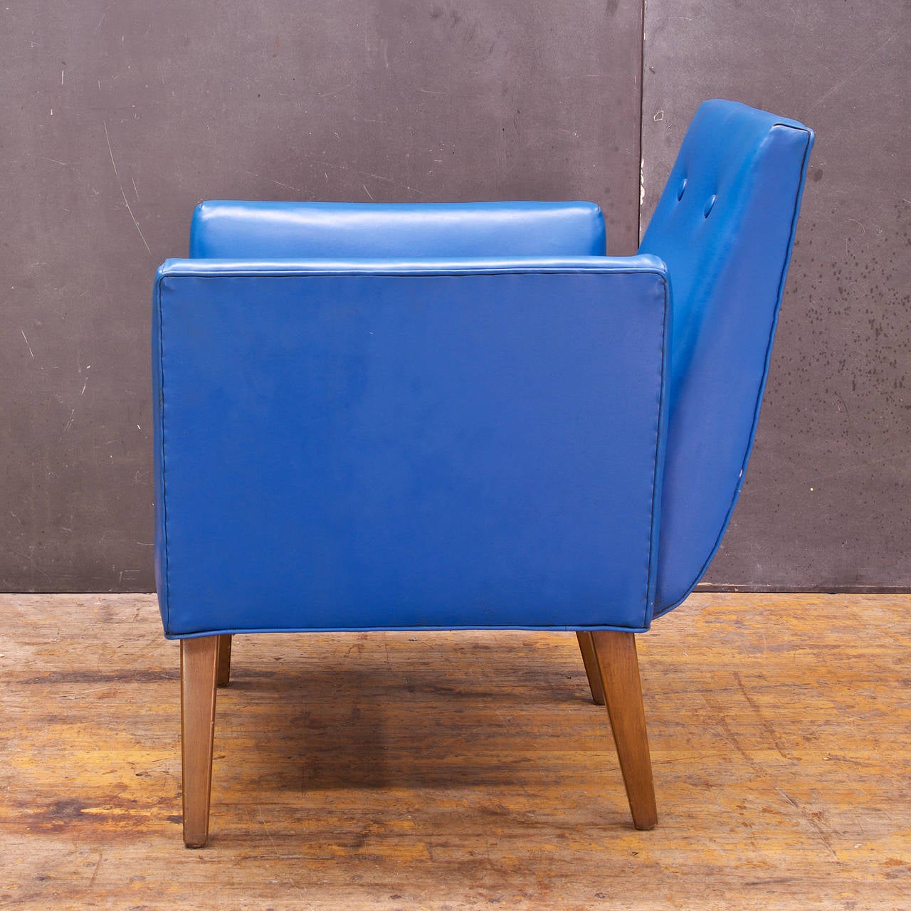 Carved Mid-Century Jens Risom (Attributed) Blue Naugahyde Walnut Club Chair