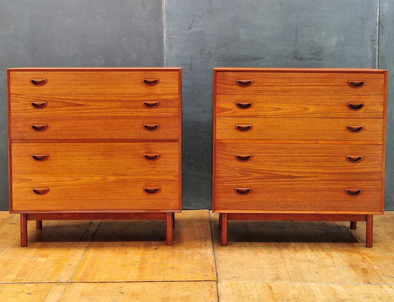 Teak 5-Drawer Finger Jointed Dressers by Peter Hvidt & Orla Molgaard-Nielsen for J. Jacobsen & Sonner, Soborg Mobelfabrik A/S Denmark.  

One base can be removed from then that unit stacked on top the other, to be used as a