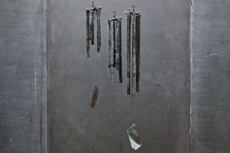 Walter Lamb Attributed Modernist Bronze Tubing and Sheet Bronze Wind Chimes.  From the Salvage Yards of Hawaii Walter Lamb created wonderful Furniture and Accessories in the 1950s and 1960s.  Rare incremental Set of Wind Chimes.  Undented and in