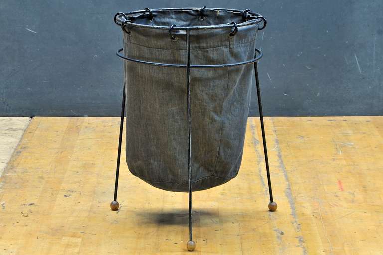 The Bucket by Seymour Robins for Sandra Kay Interiors in 1952. A Rare Linen and thin Wire Trash Can. Very Good Vintage Condition. Steel, Canvas and Plastic Rings.