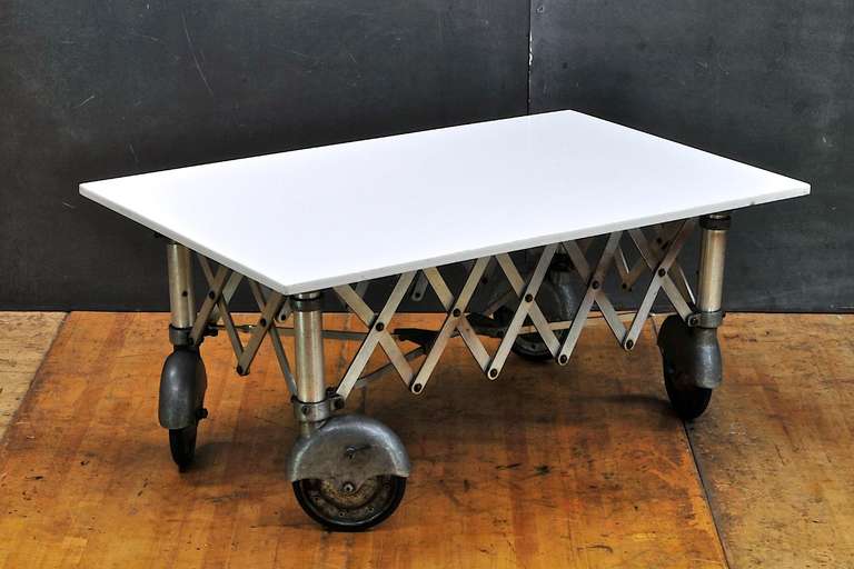 Cast Modern50 Assemblage Vitrolite Glass Coffee Table on Wheels Vintage Industrial For Sale