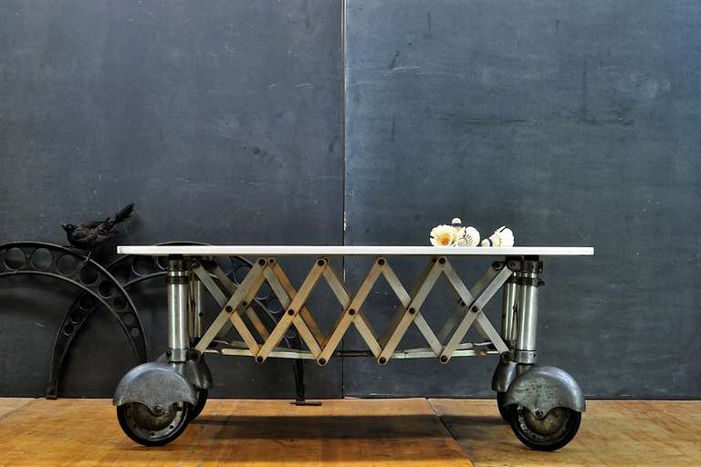 American Modern50 Assemblage Vitrolite Glass Coffee Table on Wheels Vintage Industrial For Sale