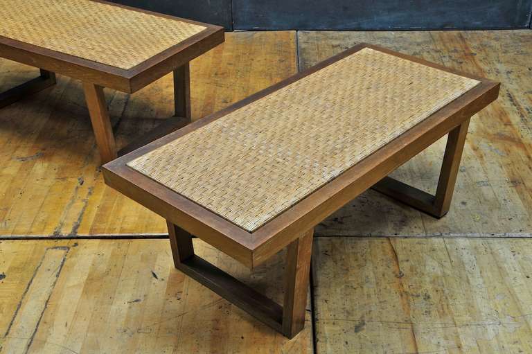 Carved Mid-Century Craftsman Cane Woven Walnut Benches