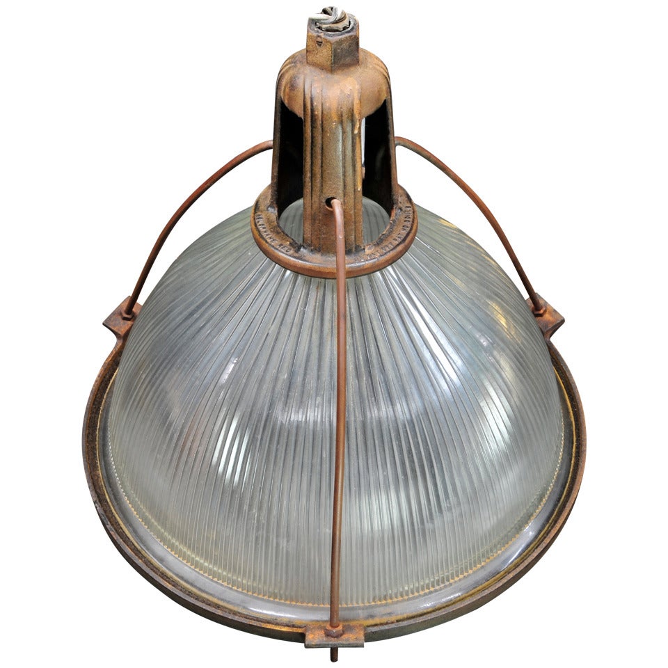 Monumental 1910s Vintage Industrial Holophane Warehouse Pendant Light Cast Iron For Sale