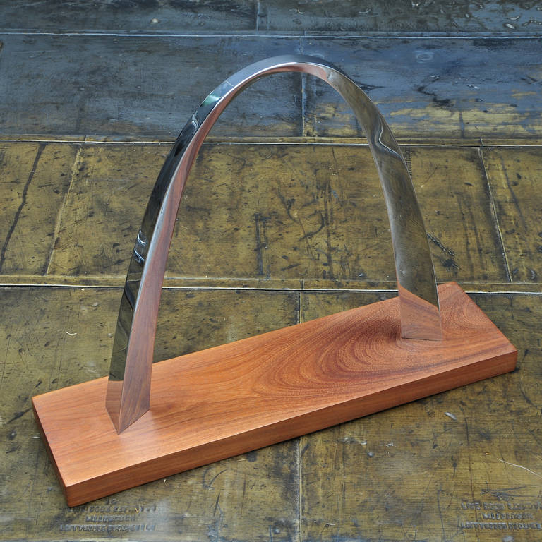 Rare, Very Large Polished Metal Arch Trophy on Knife Wood Base.  No markings, Maker unknown, Provenance Unknown. Monumental size mounted on Knife-Makers Hardwood Base.  At almost 7lbs. and 13 Inches High Total, the Largest Arch we have ever seen or