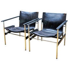 Pair of Vintage 1960's Charles Pollack Black Leather Sling Arm Chairs