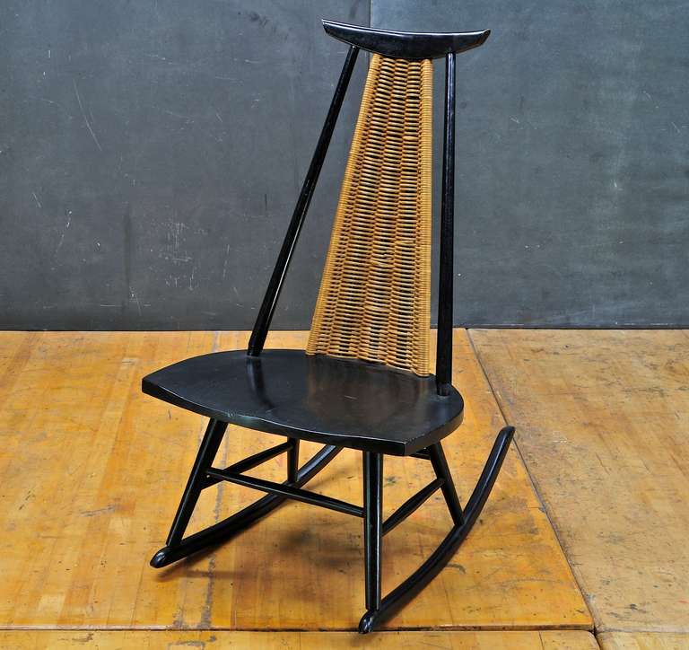 Rare Finnish 1950's "Dr. No" Ilmari Tapiovaara Wicker Rocking Chair