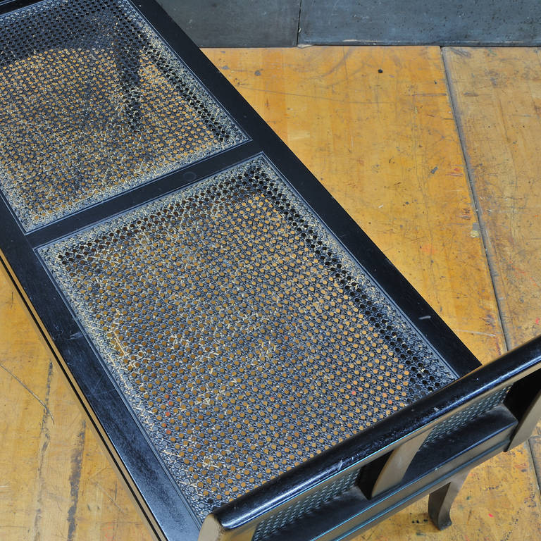 Carved 1960s Black Cane Bench Settee