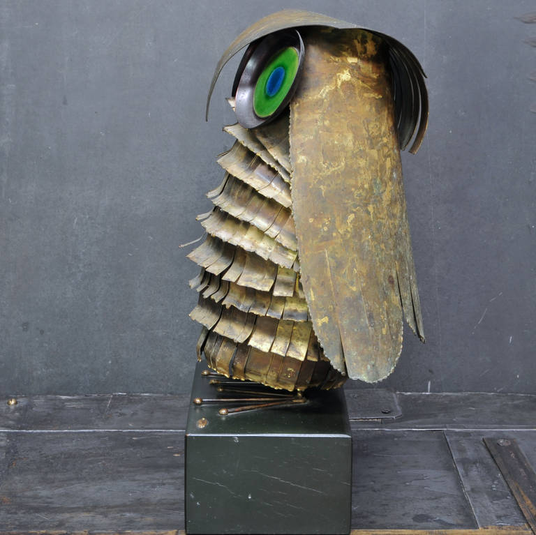 60s Owl Brass Enamel Sculpture Curtis Freiler Jerry Fels C Jere Artisan House In Excellent Condition In Hyattsville, MD