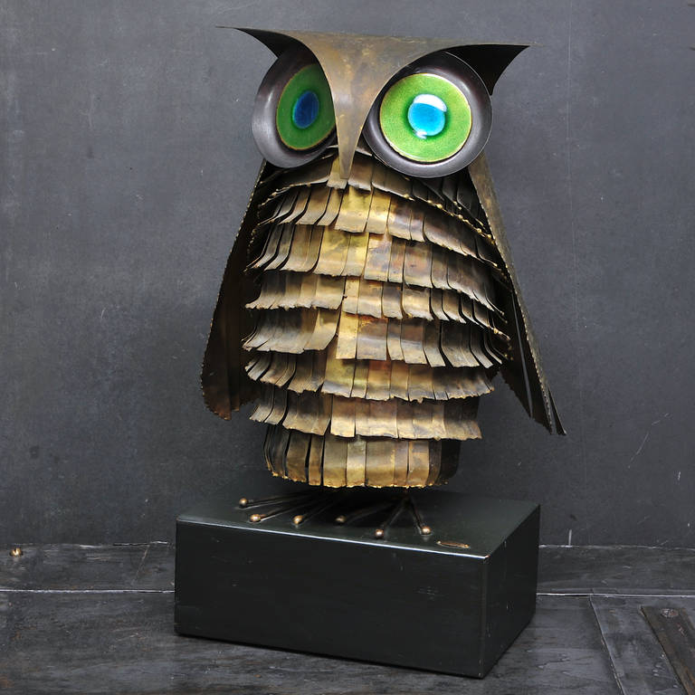 Mid-Century Modern 60s Owl Brass Enamel Sculpture Curtis Freiler Jerry Fels C Jere Artisan House