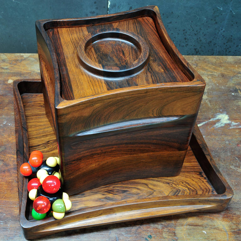 Carved Brazilian Rosewood Lidded Tray + Box Drinks Cocktail Bar Bowl Scandinavian Pool