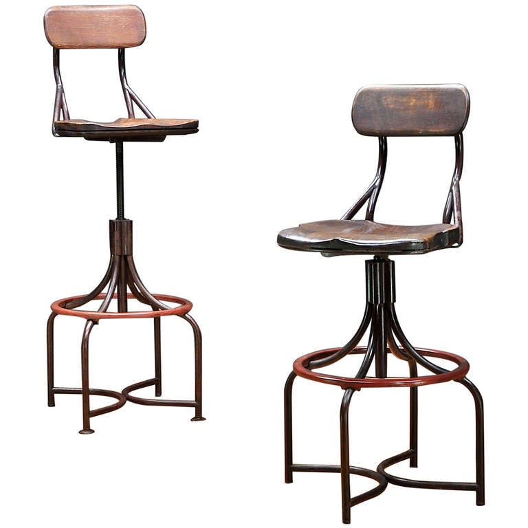 1930's Vintage Industrial Westinghouse Factory Bar Stool Chairs Pair at
