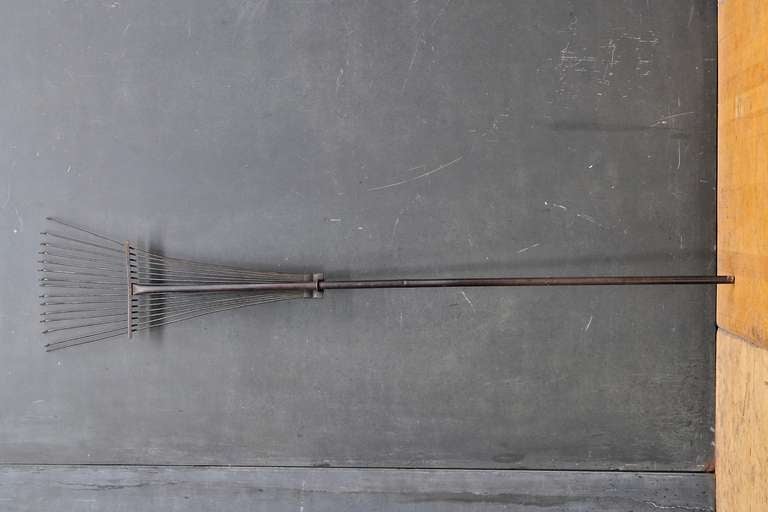 Vintage Industrial age and Primitive rare iron hand rake, USA, circa 1910s. Sculptural Form.

Measures: W 11 x H 56¼ in.
