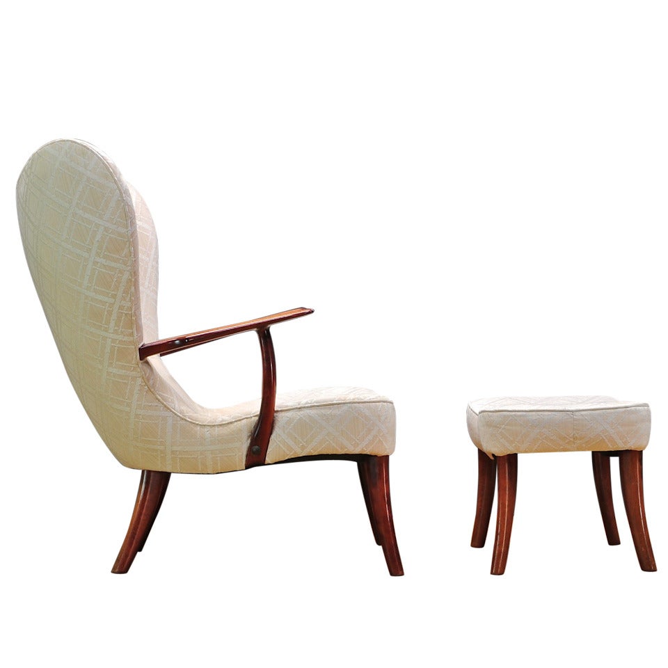 1950's Mid-Century Danish Wegner Style Wingback High Backed Armchair Ottoman