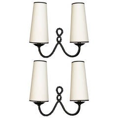 Large 1959s Pair of 'Rope Manner' Wrought Iron Sconces by Maison Lunel