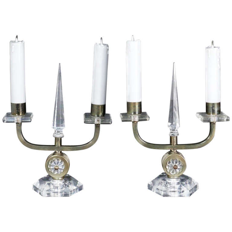 Pair of 1940's Table Candlesticks in bronze and cristal For Sale at 1stdibs