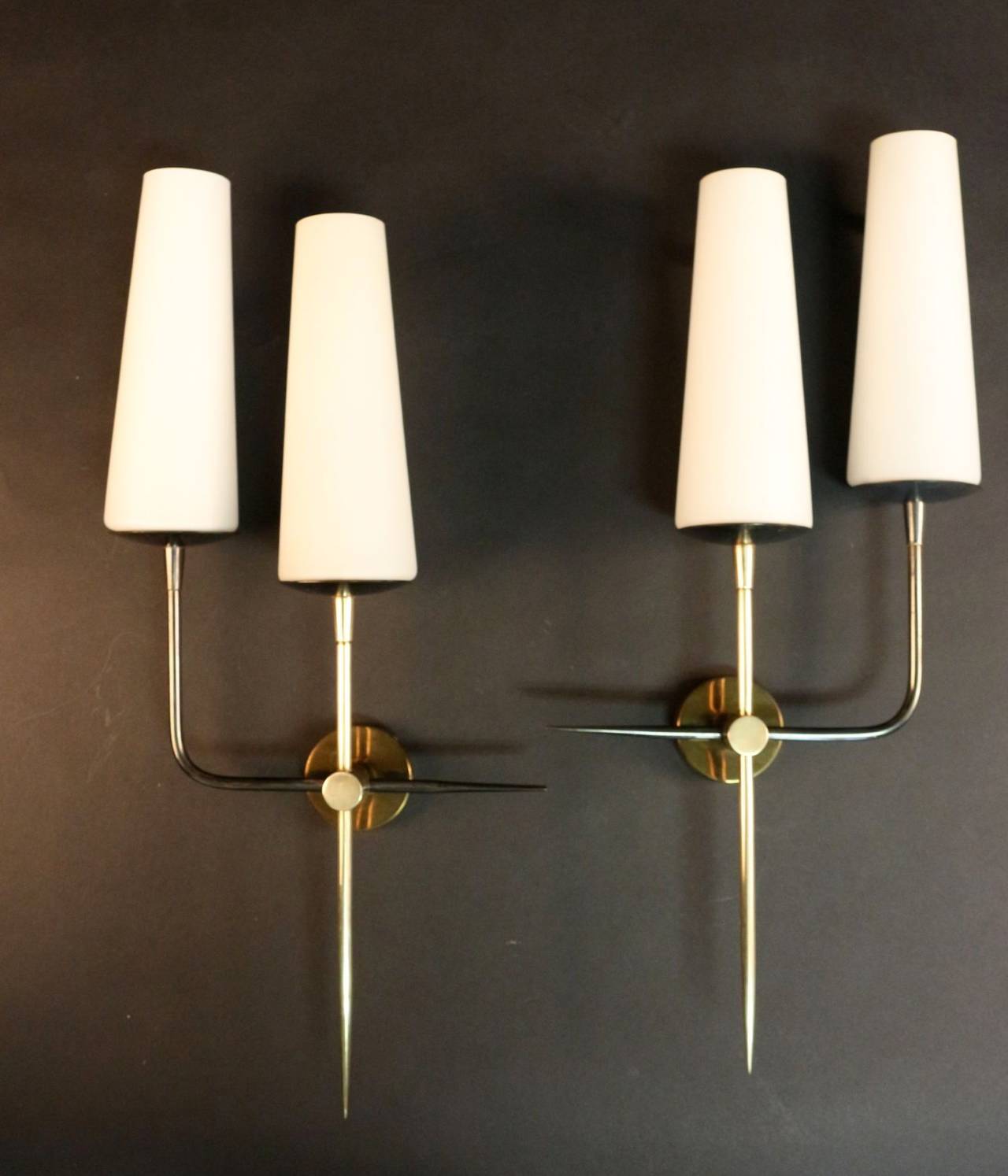 Brass Pair of 1950s Asymmetrical Sconces by Maison Arlus