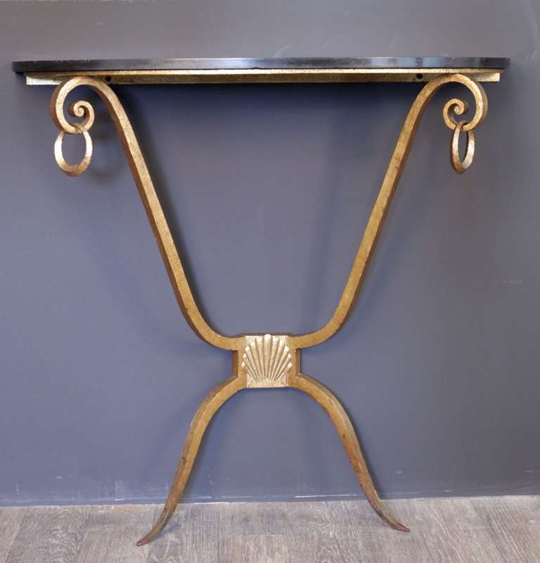 French 1940's Gilded Wrought Iron Console with a Marble Leaf Top
