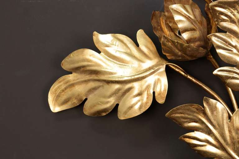French Pair of Large 1960s Flower Brass Sconces