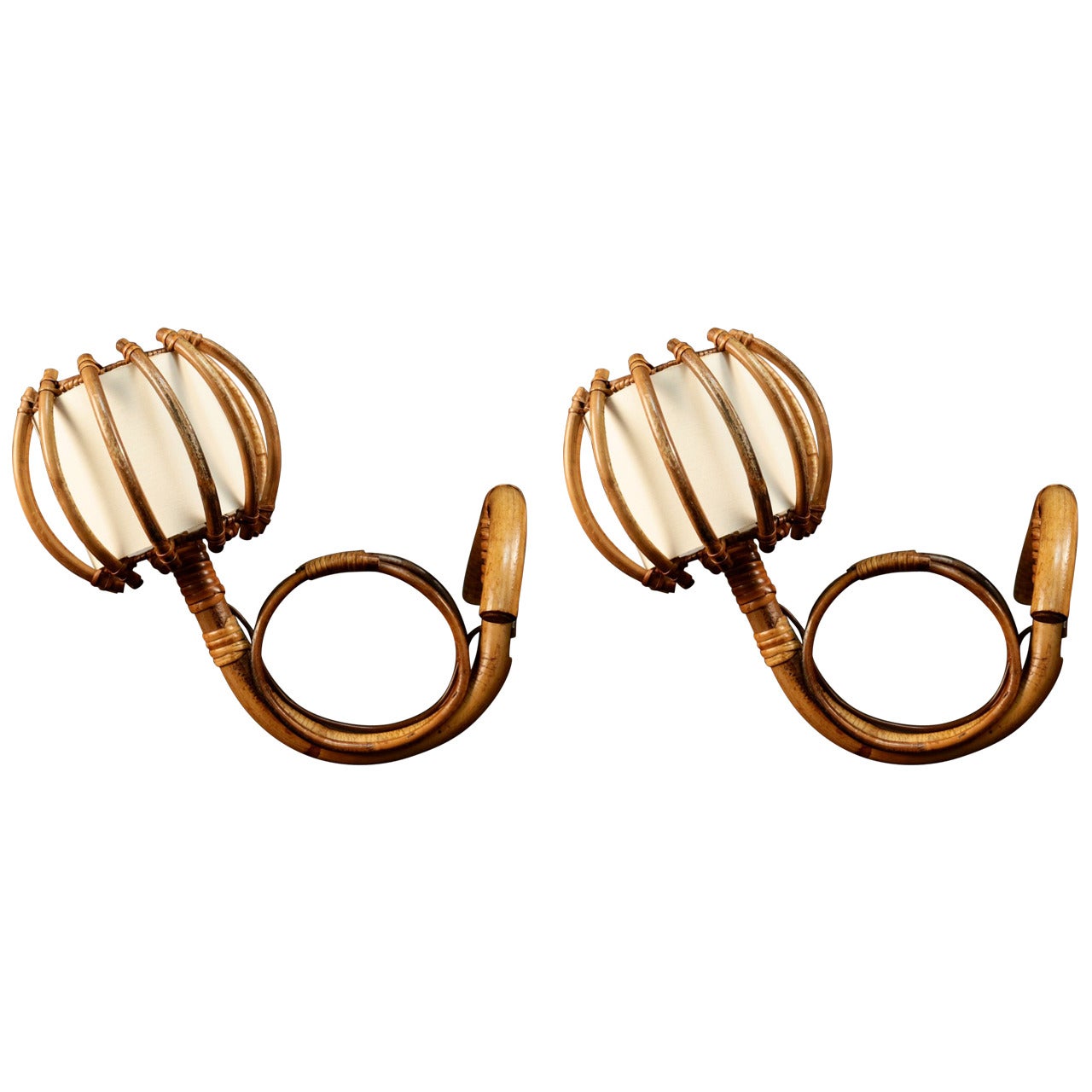 Pair of 1950s Rattan Sconces Attributed to Louis Sognot