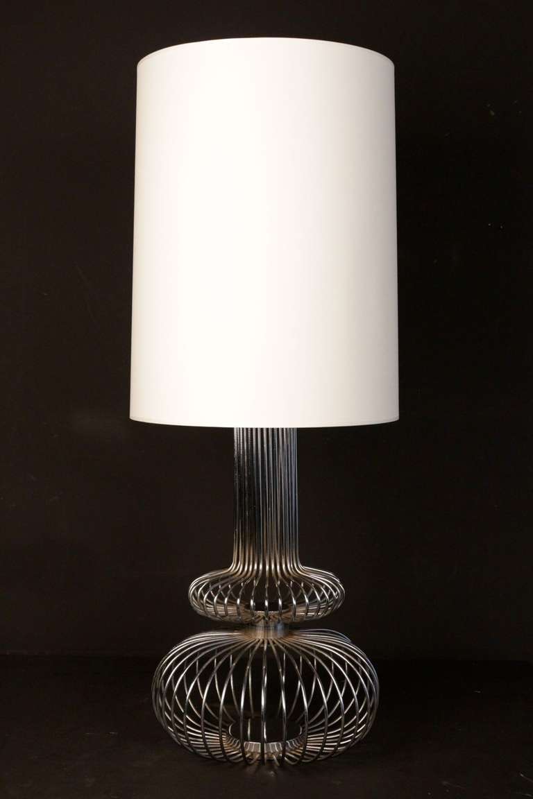Large 1970's chrome steel table lamp. 
New custom shade. 
One bulb.