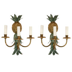 Pair of 1970s Pineapple Sconces in Gilt Bronze, Signed Maison Charles