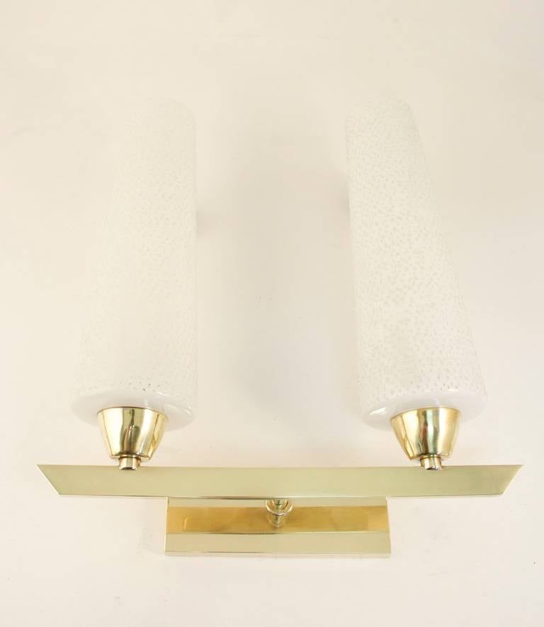 1950 Pair of Sconces Sconces by Maison Arlus;
Decorated by two frosted opaline per sconce. 
Two light source per sconce.