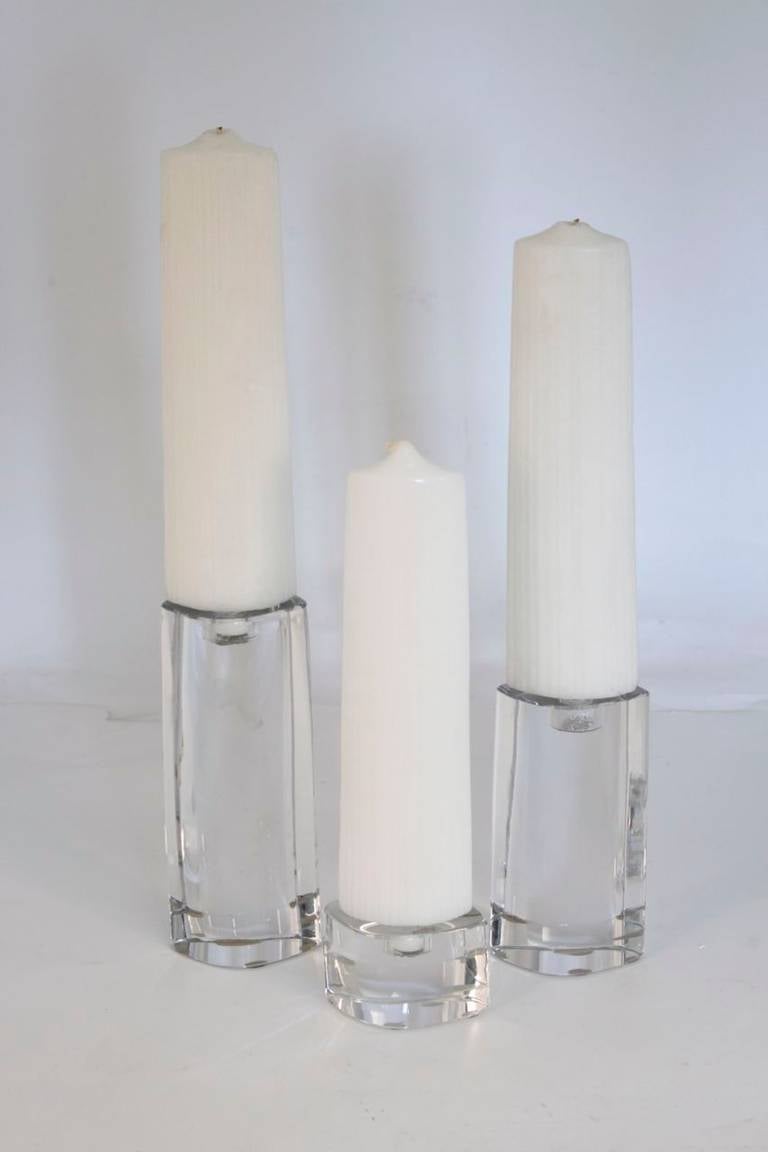 French Set of Three 1970s Cristal Candleholders, Signed by Daum For Sale