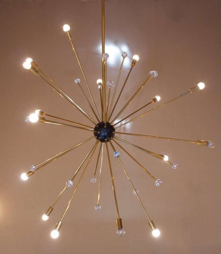 1950's large Spoutnik ceiling lamp. Brass tubes decorated by sixteen bulbs or glass balls. Diameter: 170cm.