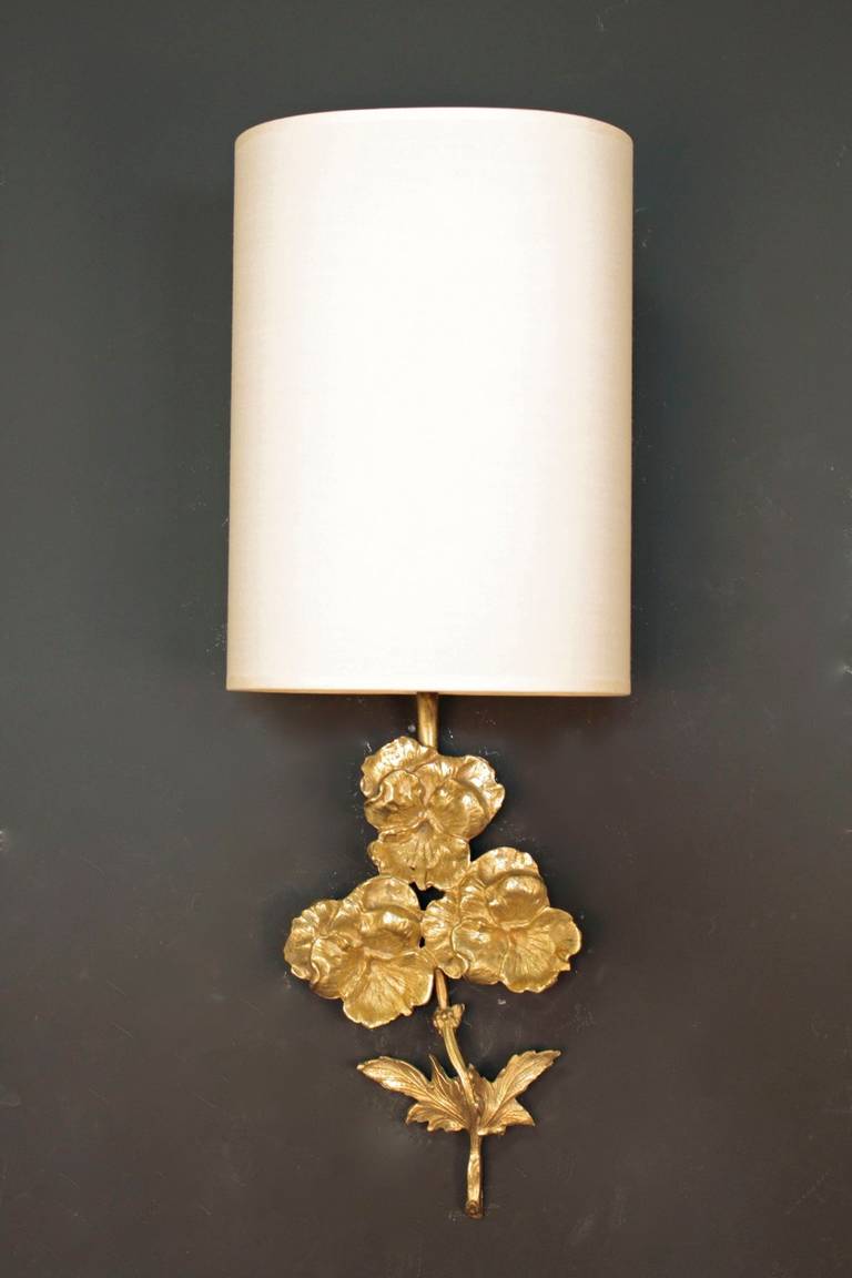 Pair of 1960s flower bouquet sconces in bronze by Maison Charles. New lampshade redone according to the original. One lighted arm.