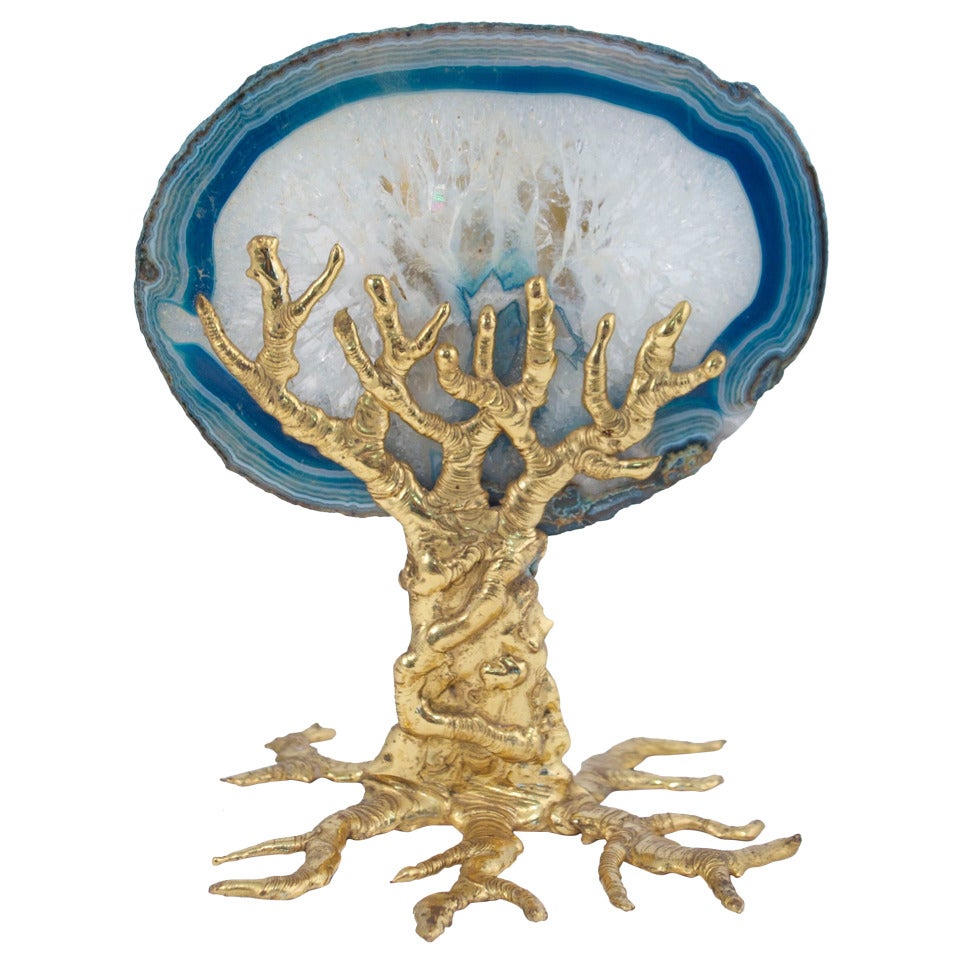 Jacques Duval Tree Lamp Sculpture in Bronze and Agate Leave