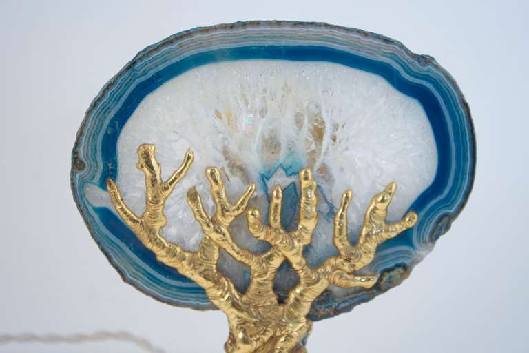 French Jacques Duval Tree Lamp Sculpture in Bronze and Agate Leave