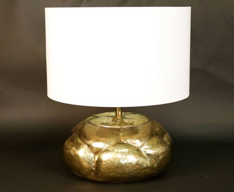 1960s 'Pumpkin' table lamp by Maison Roche. In brass with one light bulb. New tailored lamp shade.