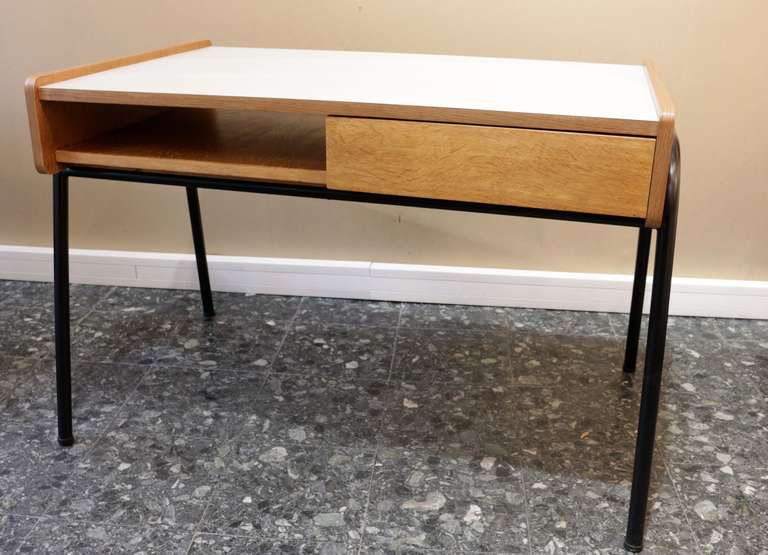 1951 Sonacotra model desk by Pierre Guariche. Steel, oak and laminated wood top.