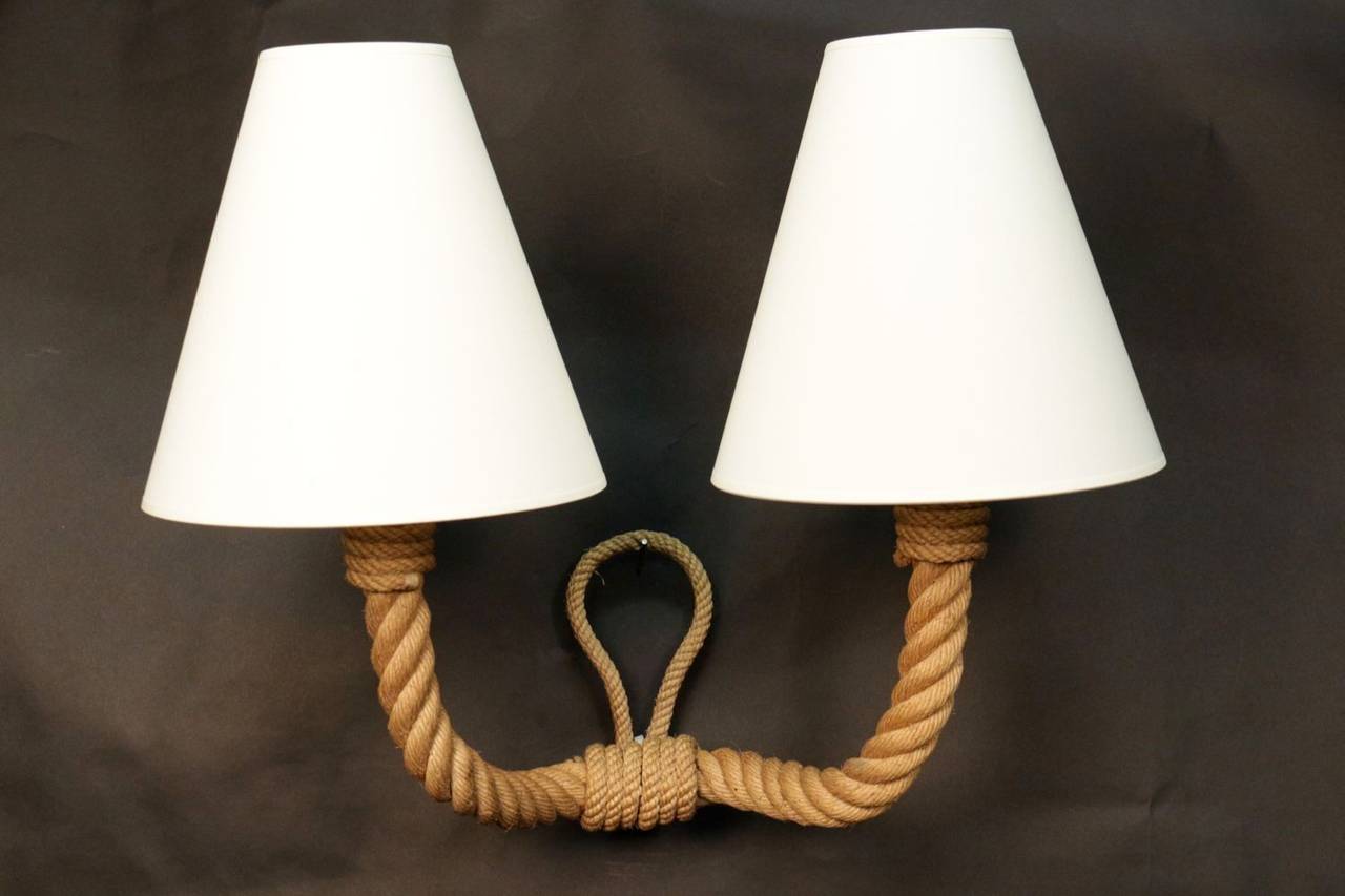 Large 1950s double sconce by Adrien Adoux and frida Minet. Ecole de Nice. Two lighted arms. News lamp shades.