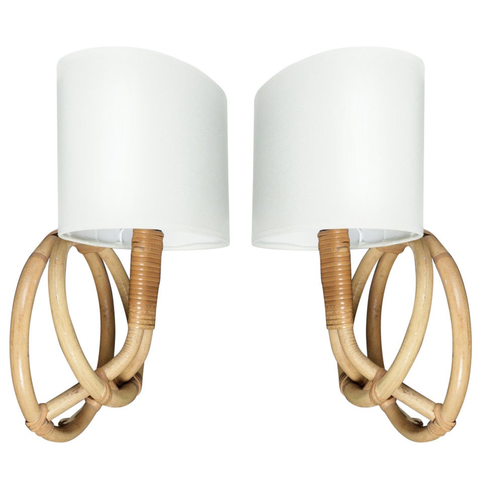 1950's Pair of Rattan Sconces by Louis Sognot