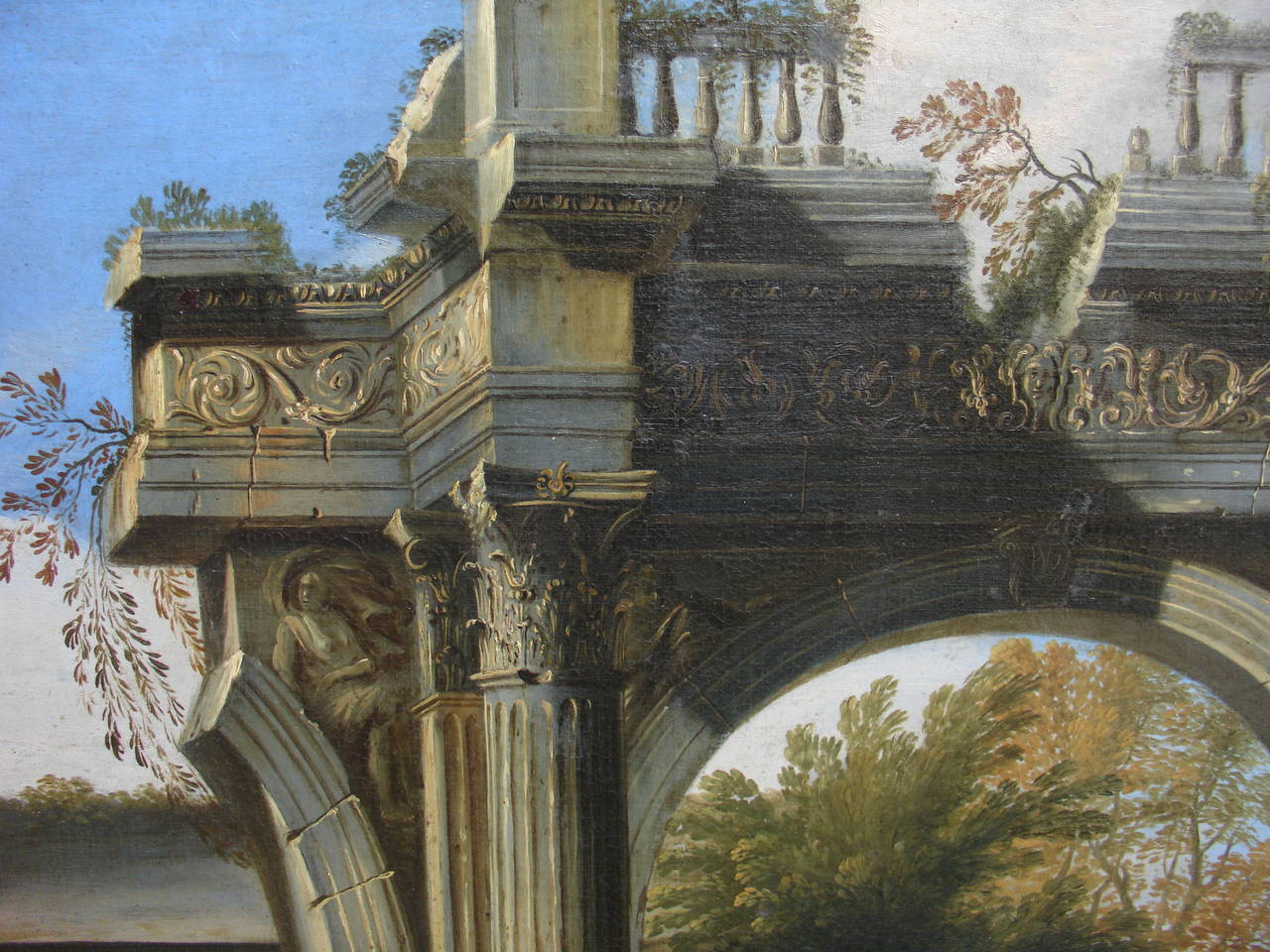Oiled Capriccio of Mediterranean Port and Classical Architectural Ruins Oil on Canvas