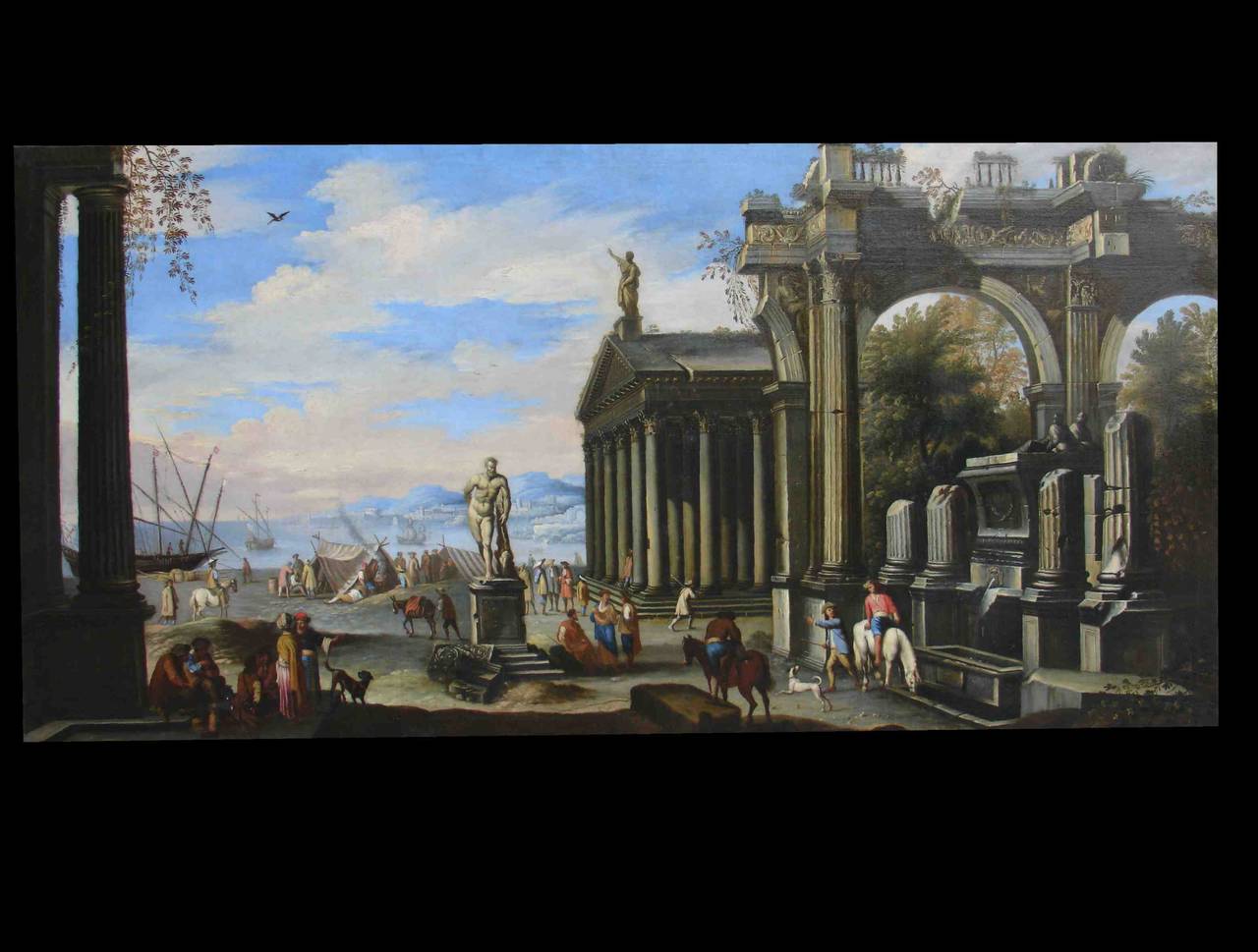 18th Century and Earlier Capriccio of Mediterranean Port and Classical Architectural Ruins Oil on Canvas