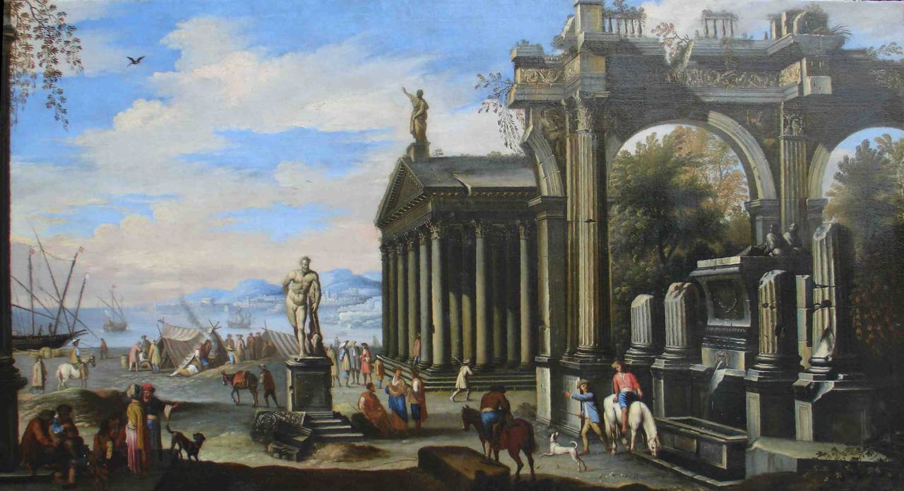 Italian Capriccio of Mediterranean Port and Classical Architectural Ruins Oil on Canvas