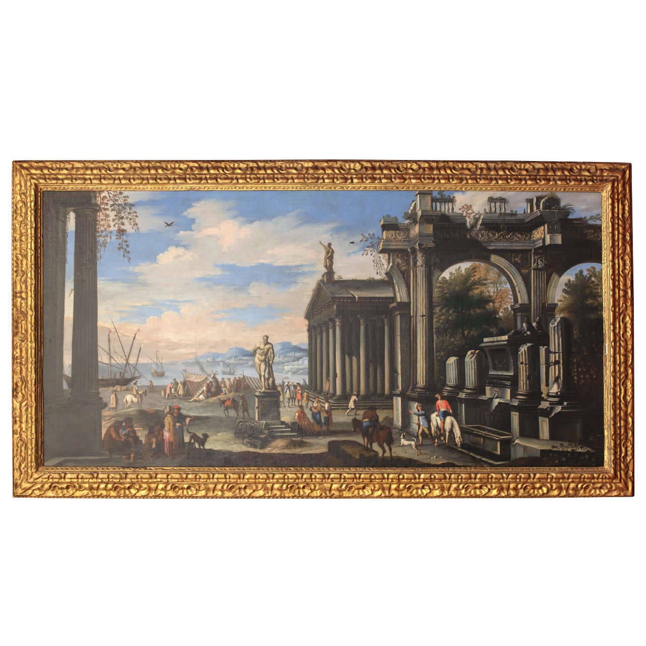 Capriccio of a Mediterranean Port and classical architectural ruins with the statue of Hercules. Oil on canvas with a carved giltwood fame.
Dimensions: 200 x 115 cm.
Artist:
Giovanni Ghisolfi (circa 1623-1683).