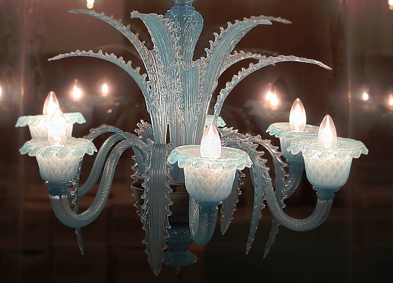 20th Century Great Pair of Opalescent Blu Marine Chandeliers of Murano Handblown Glass, 1990