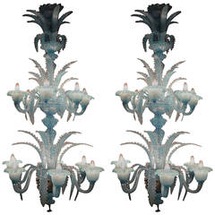 Great Pair of Opalescent Blu Marine Chandeliers of Murano Handblown Glass, 1990
