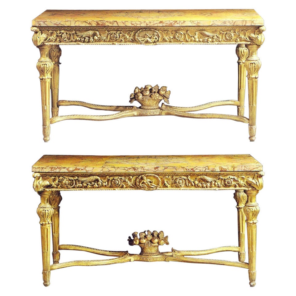 Extraordinary Pair of Italian 18th Century Carved Giltwood Console Tables