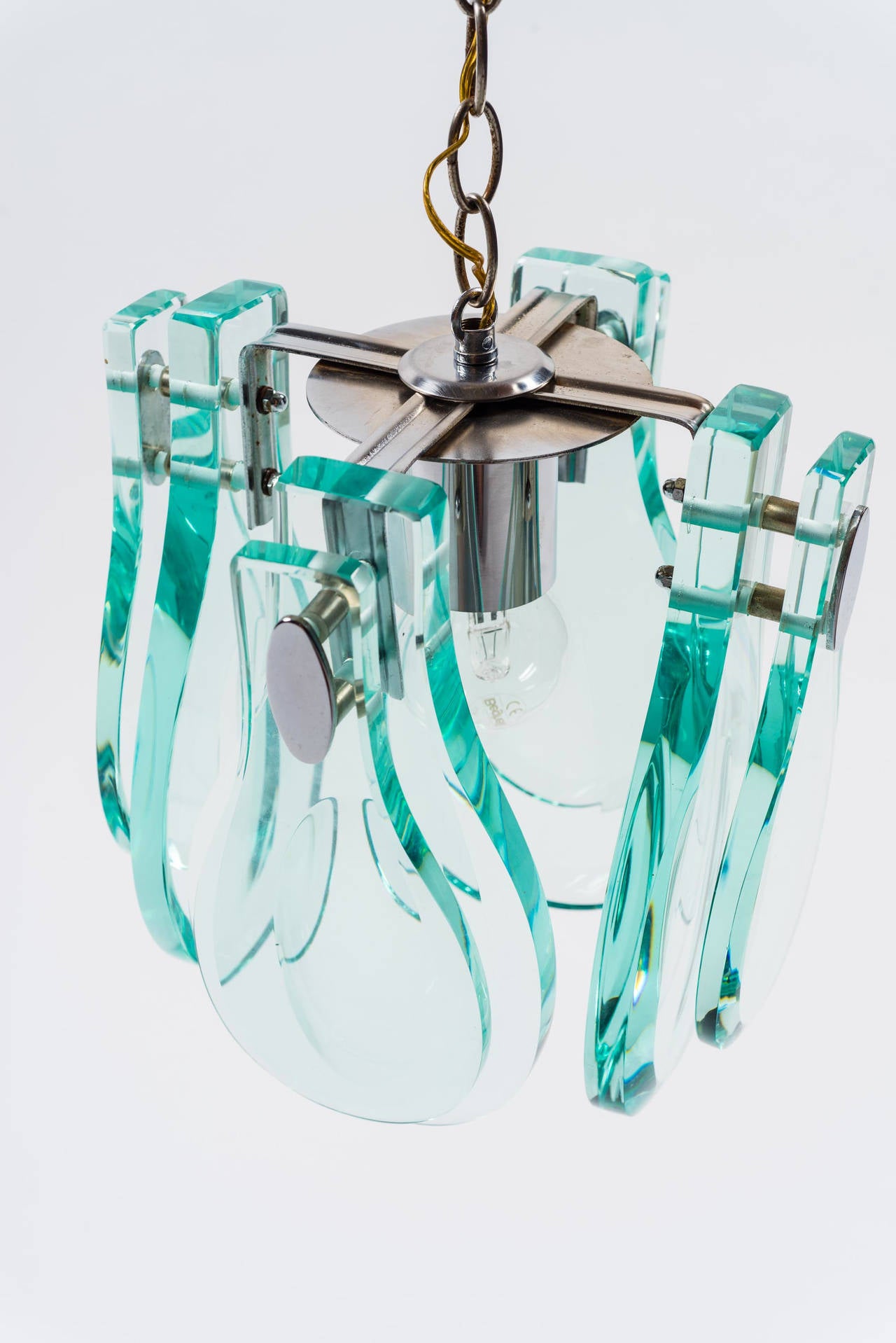 Pendant lamp with hand-sculpted glass Verde Nilo in the style of Fontana Arte, Italy, 1970.