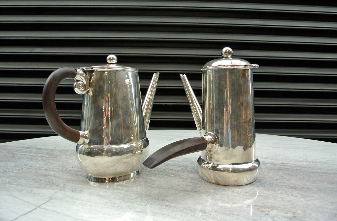 Mexican William Spratling Tea and Coffee Silver Handled Kettle Set For Sale