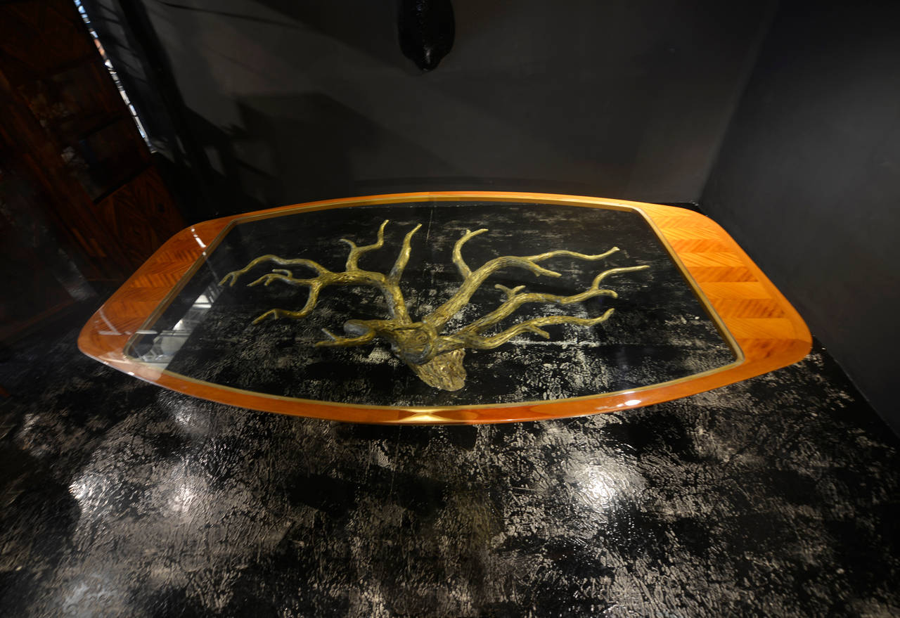 Sculptural Bronze Tree and Mahogany Marquetry Dining Table 2