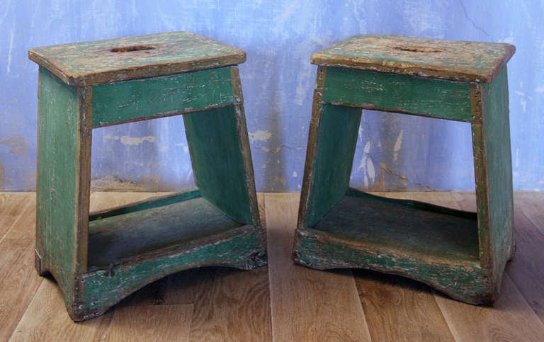 Pair of Antic Church Stools, Portugal XIX, Patinated Wood